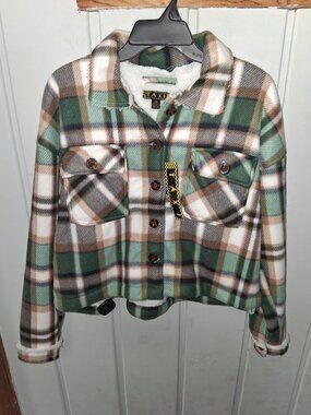 Taxi Green Plaid Sherpa Fleece Cropped Shacket NWT Sz XL